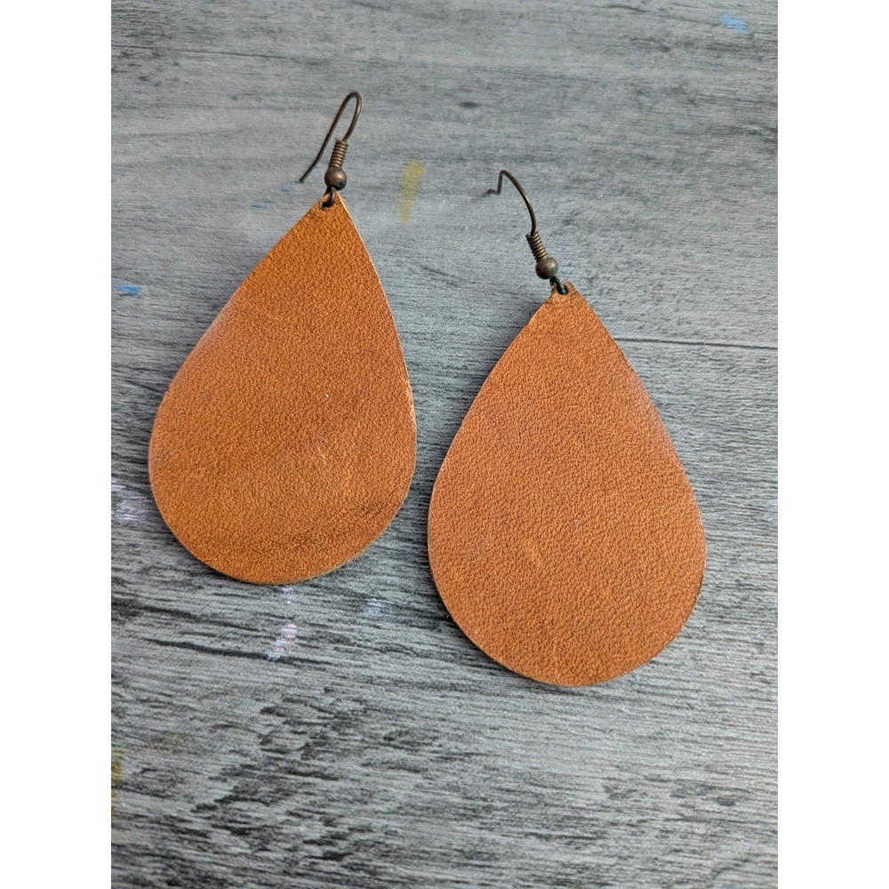 Handmade Brown Leather Teardrop Dangle Earrings Western Boho Lightweight Drop